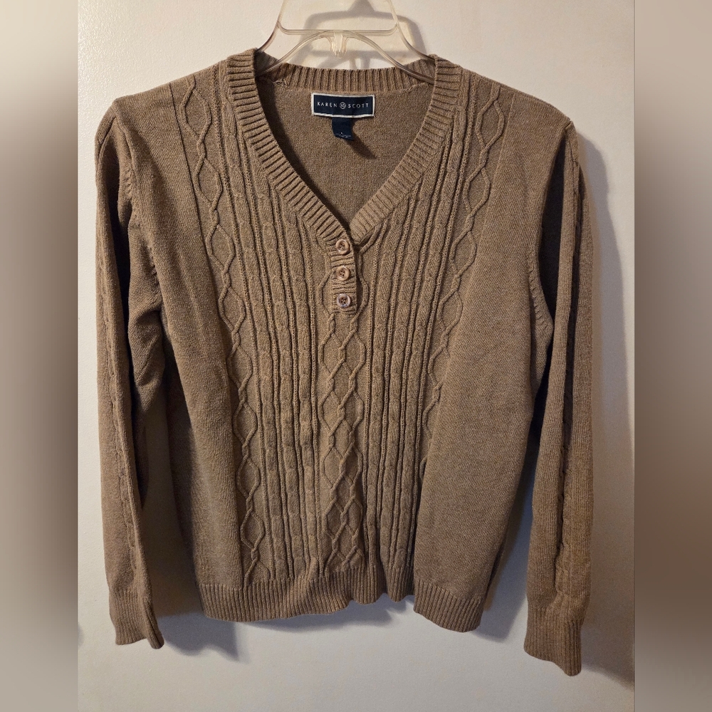 Karen Scott Tan Cable-Knit V-Neck Sweater with Button Placket